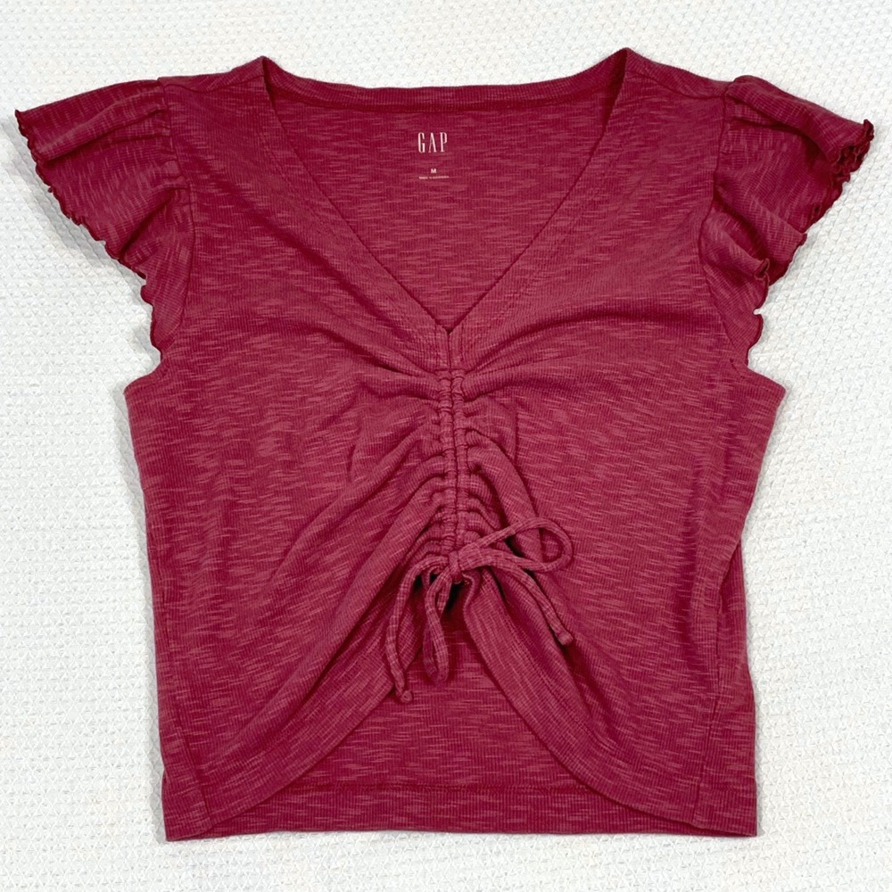 Gap Womens M Burgundy Ruched Front Ruffle Cap Sleeve V-Neck Slub Knit Tee Top